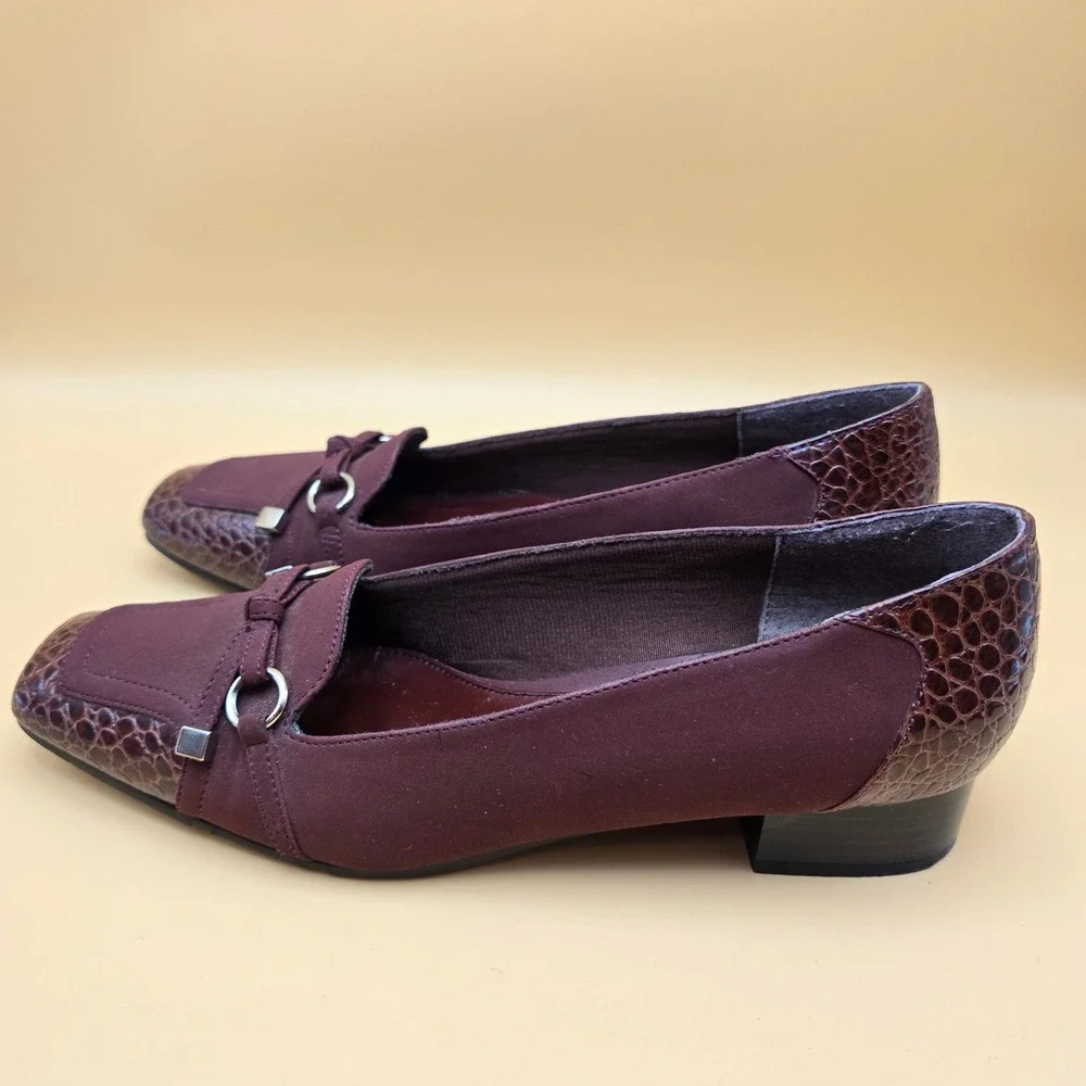 LifeStride Lure Burgundy Faux Croc Square Toe Low Block Heel Pumps Mens 8N